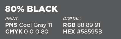 80% black, pms cool gray 11, cmyk 0/0/0/80, rgb 88/89/91, hex #58595B