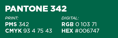 pms 342, cmyk 93/4/75/43, rgb 0/103/71, hex #006747