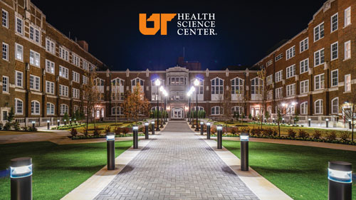 UTHSC Zoom background showing Mooney building at night.