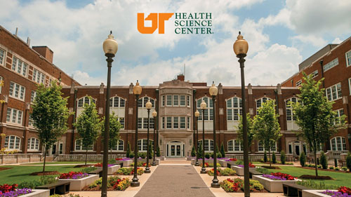 UTHSC Zoom background showing Mooney building during the day.