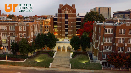 UTHSC Zoom/Teams background with an ariel view at dusk.