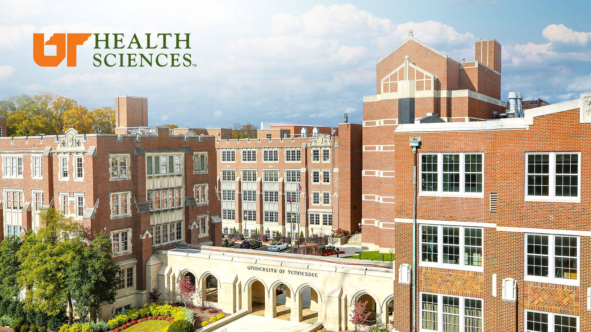Aerial view of UT Health Sciences campus with Crowe, Hyman, Link Buildings with UT Health Sciences logo.