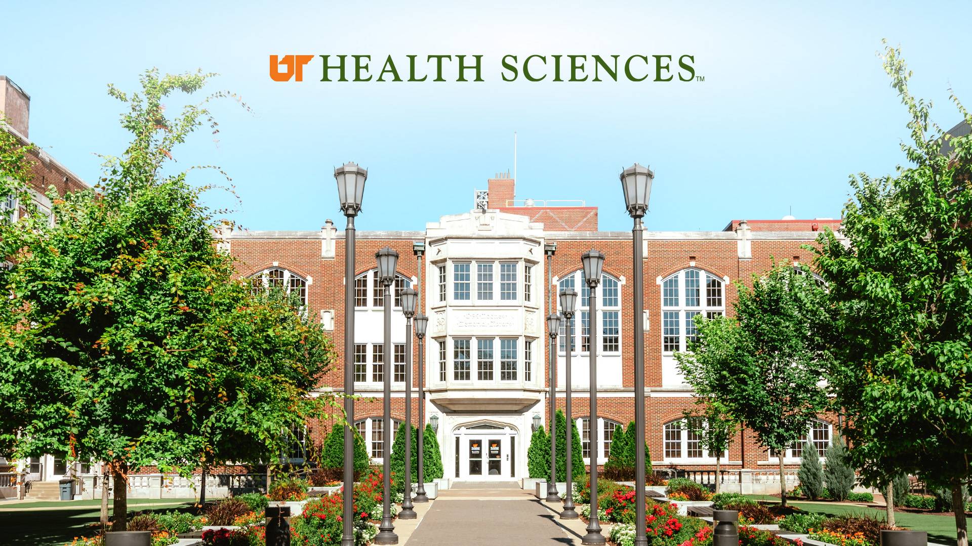 Looking towards the Mooney Library down central walkway in the quad with logo.