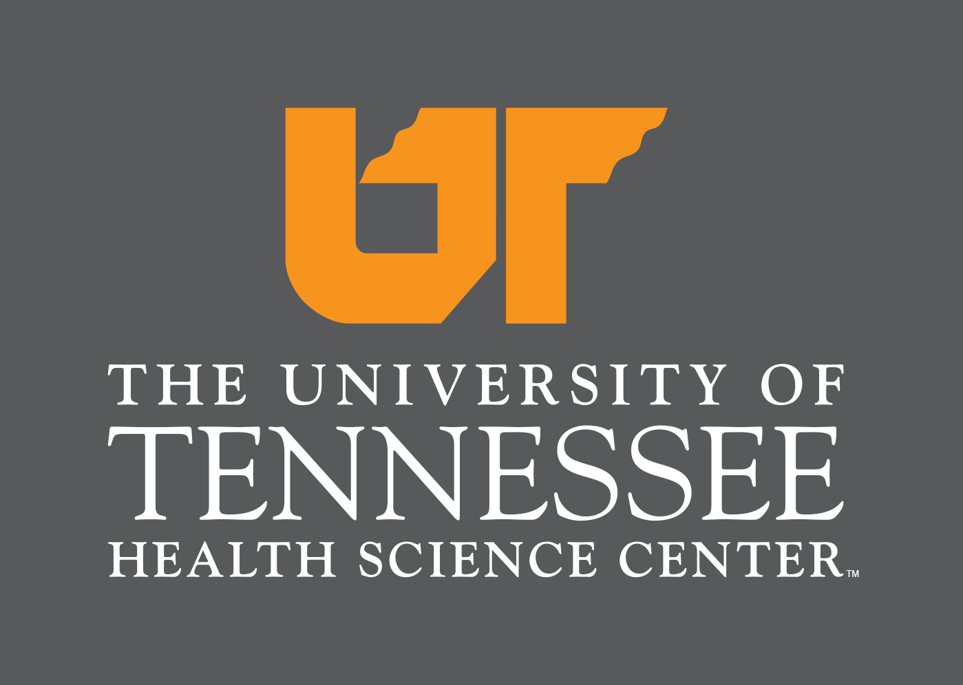 UTHS legacy centered logo reversed with orange and white for dark background.