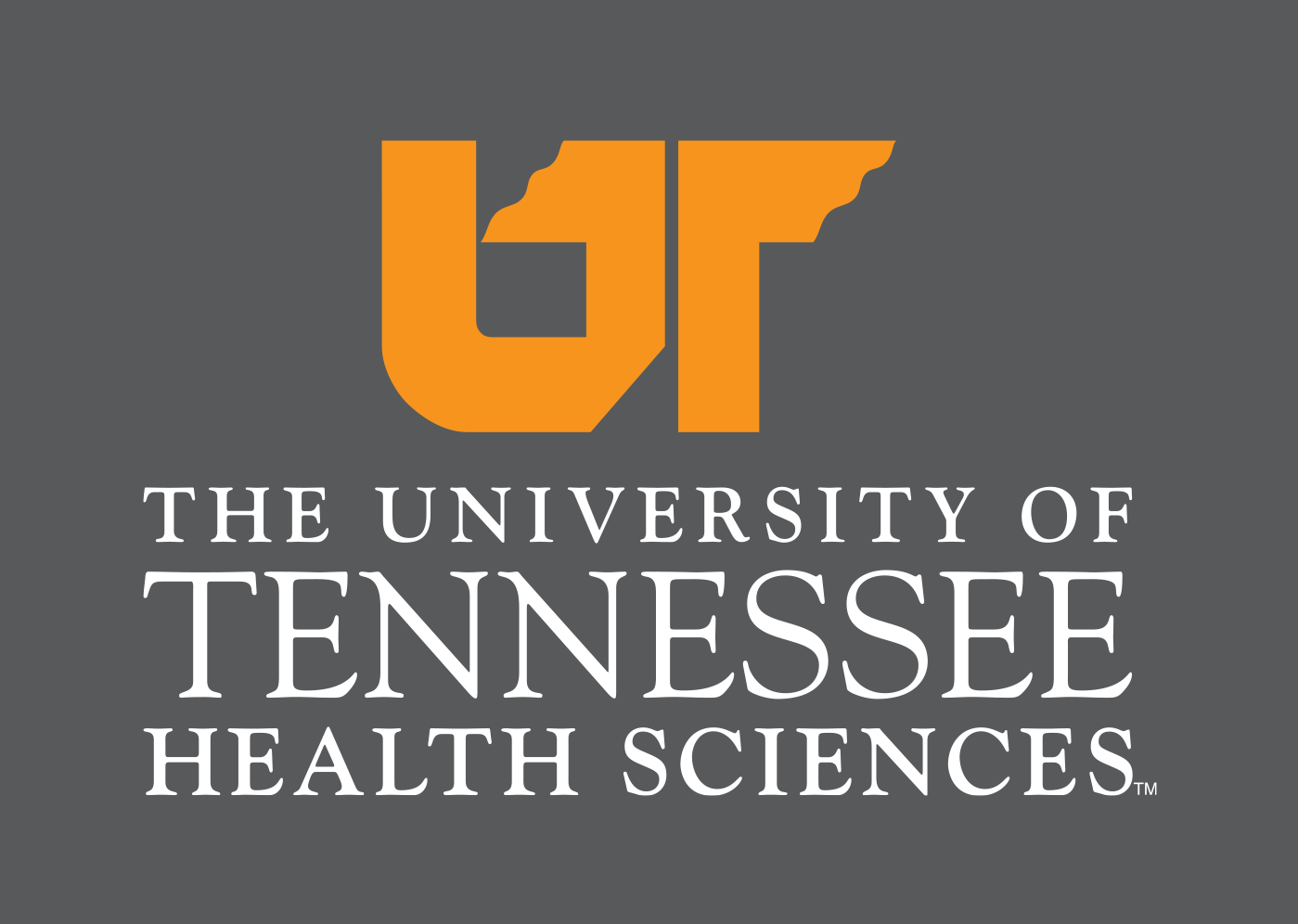 UTHS centered logo reversed with orange and white for dark background.
