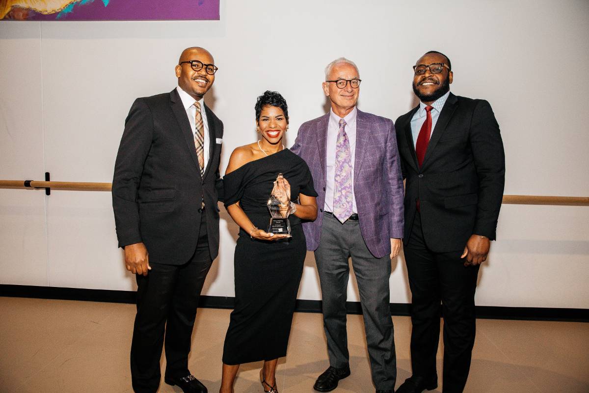 group shot with Dr. Dustin Fulton, Chancellor Buckley, Dr. Shanea McKinney and Oke Ogaga