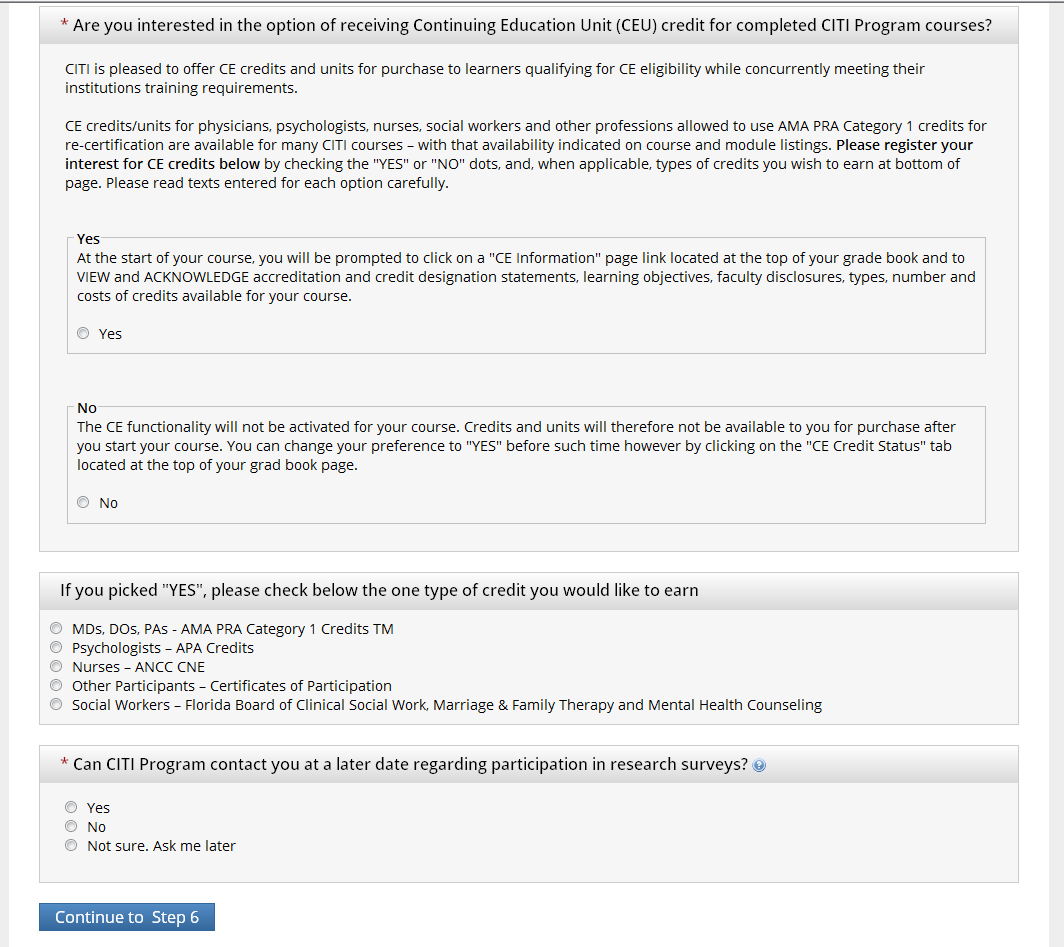 Screenshot of citiprogram.org web page registration process. In this step you must answer questions about CEU and surveys.