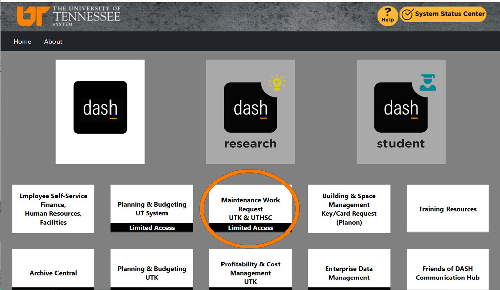 Screenshot of DASH with maintenance request button circled.