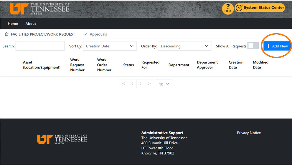 Screenshot of DASH request screen with "add new request" button circled.