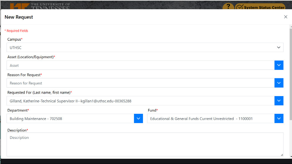 Screenshot of DASH New Request screen with options described below.