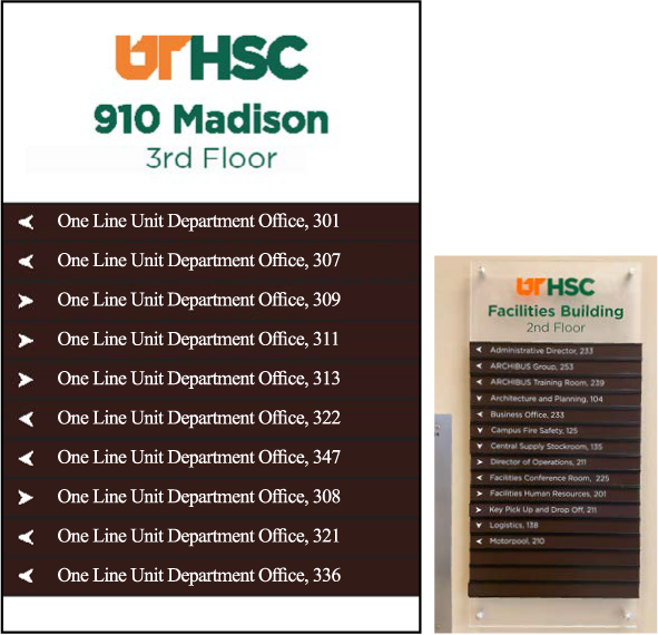 Example of what the elevator directory sign looks like and photo of one in a building.