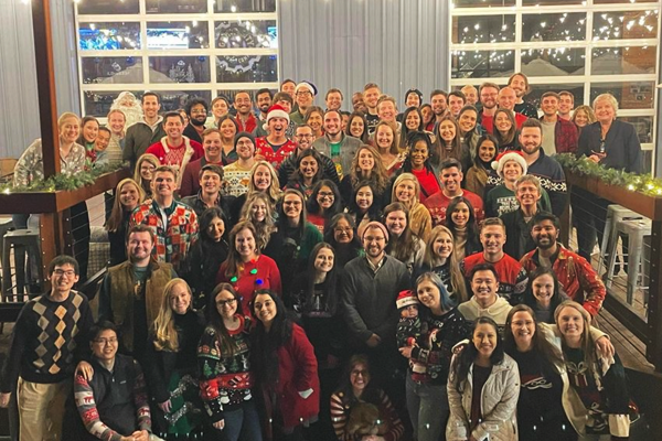 Indoor group photo of residents during the winter holidays