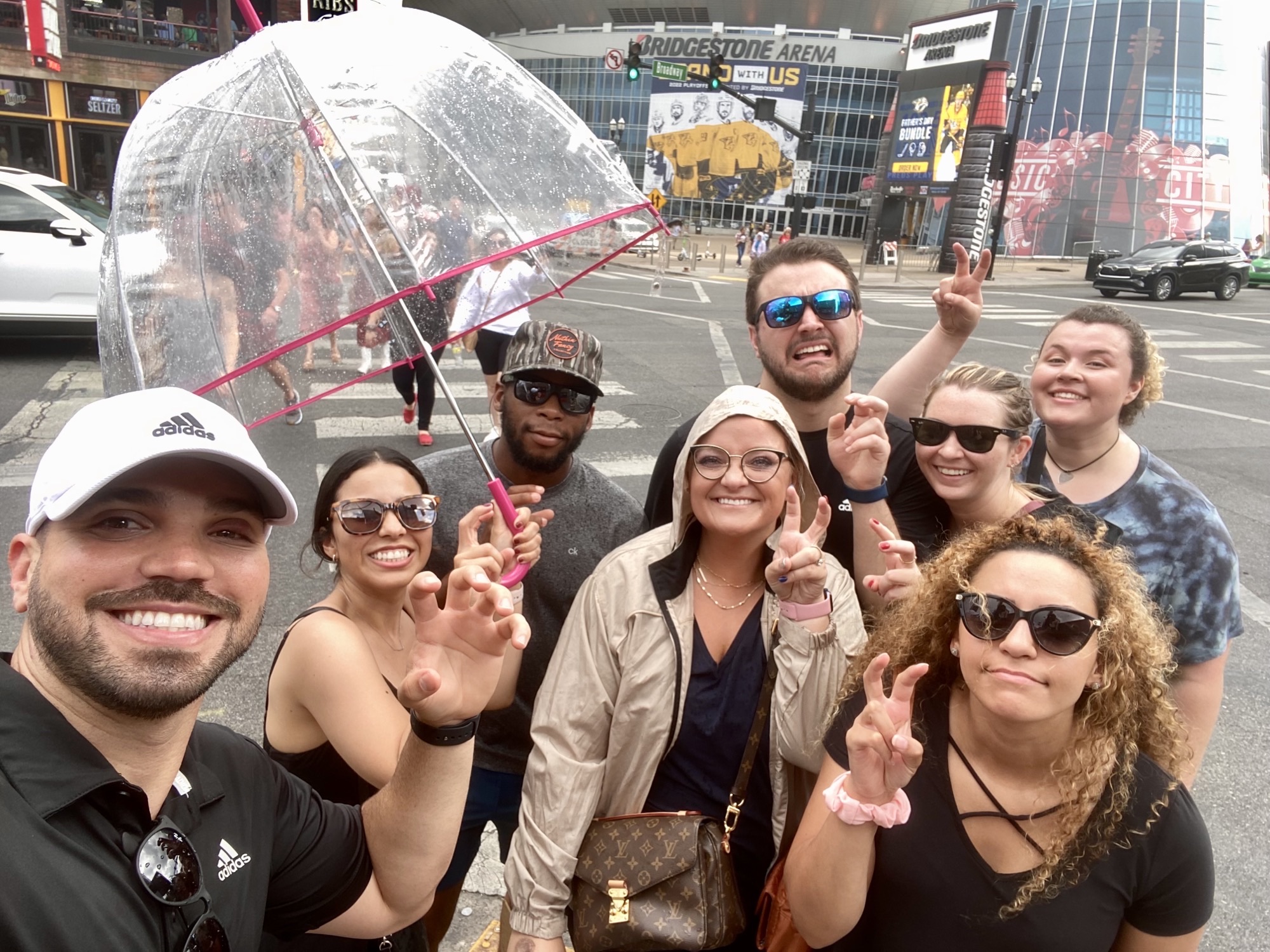 Group of residents in the rain