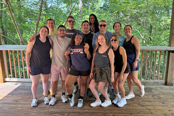 Residents in an outside pavillion