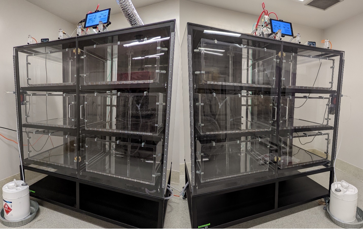 Two alcohol-vapor exposure systems to allow passive exposure to cycles of alcohol vapor and regular air, under control of tablet computer