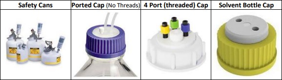 Examples of proper LC waster collection featuring safety cans, ported cap (no threads), 4 port (threaded) cap, and solvent bottel cap.