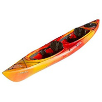 Red and orange Old Town Tandem Drigo kayak, three quarters view