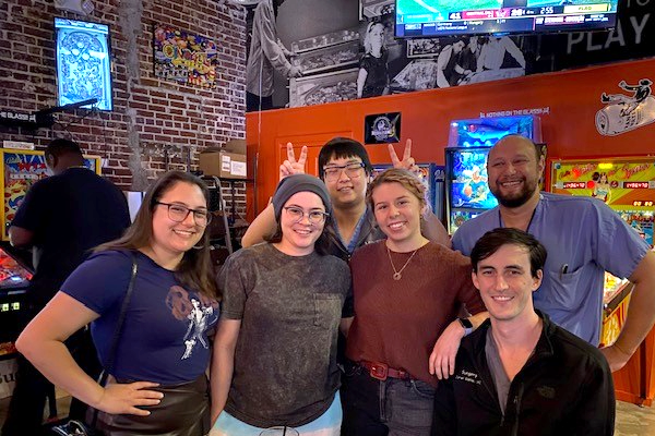 Group photo of residents in a restaurant